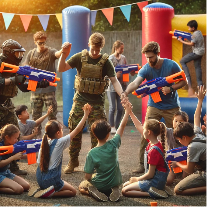 Niños jugando en una batalla Nerf mientras desarrollan habilidades físicas y sociales